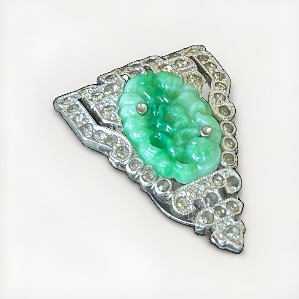 KTF Trifari Alfred Philippe 1930s Ming Series Faux Jade Pave Dress Clip Single